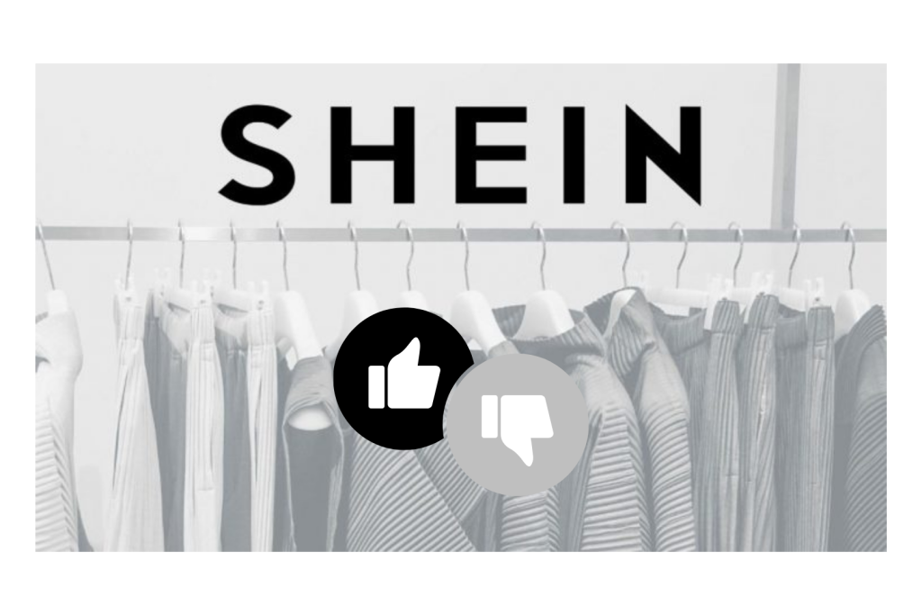 Arara de roupas esmaecida ao fundo, na parte superior há o logo da Shein e logo baixo dele um símbolo de polegar para cima, indicando avaliações positivas e um símbolo de polegar para baixo, indicando avaliações negativas, representando o que as pessoas dizem sobre o teste gratuito da Shein.